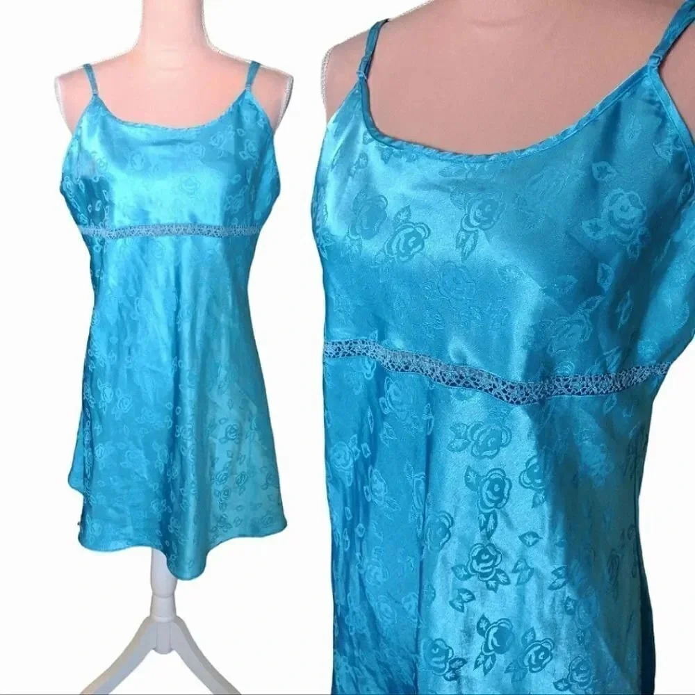 VTG 80s Teal Satin Floral Embroidered Detail Mini Slip Dress Chemise‎ XL Festie - Picture 2 of 14